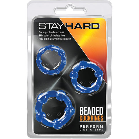 Stay Hard Beaded Penis Cock Rings - Blue (3-Piece)