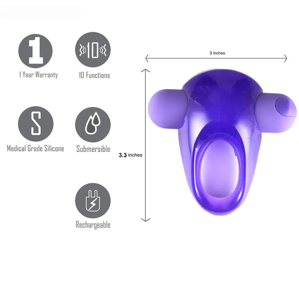 Casey USB Rechargeable Vibrating Erection Enhancer Cock Ring Bullet Vibrator Purple